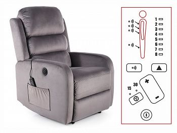Fotel rozkładany z funkcją masażu PEGAZ M velvet szary